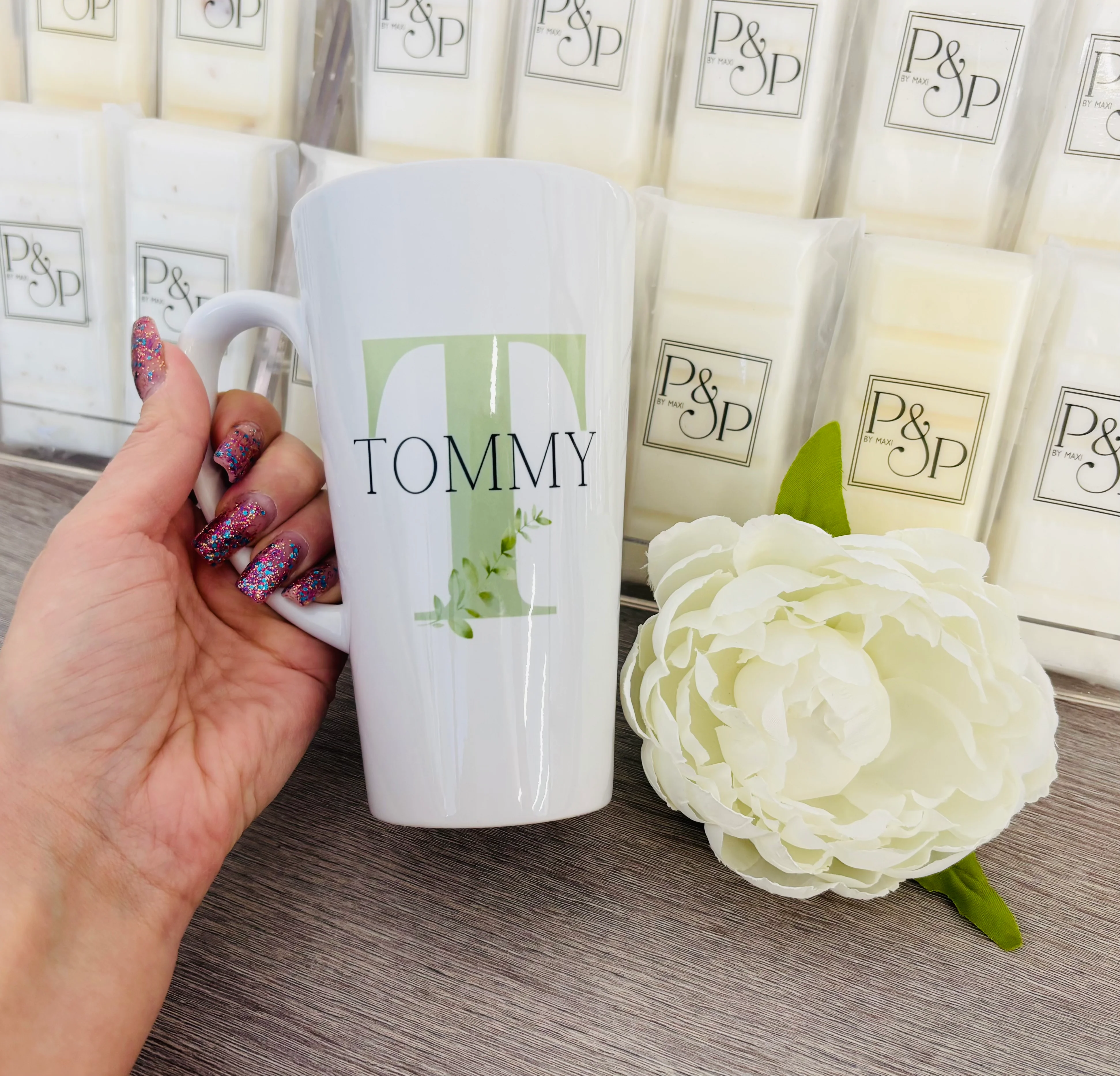 New Latte Ceramic Mug 17oz Green Initial - Image 4