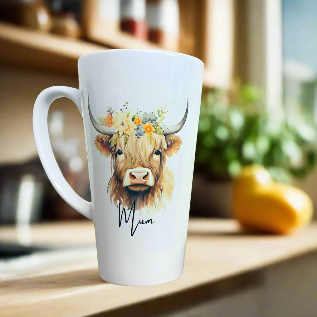 New Latte Ceramic Mug 17oz inc Box Highland Cow Design