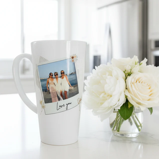 New Latte Ceramic Photo Mug with Bow 17oz inc Box