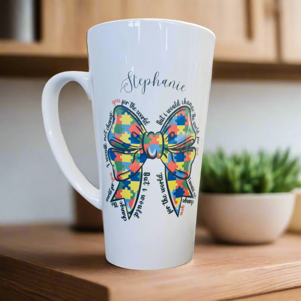New Latte Autism/ Jigsaw Bow Ceramic Mug 17oz inc Box - Image 3
