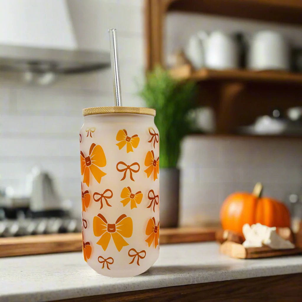 Orange Bow Frosted Glass Can 18oz Tumbler