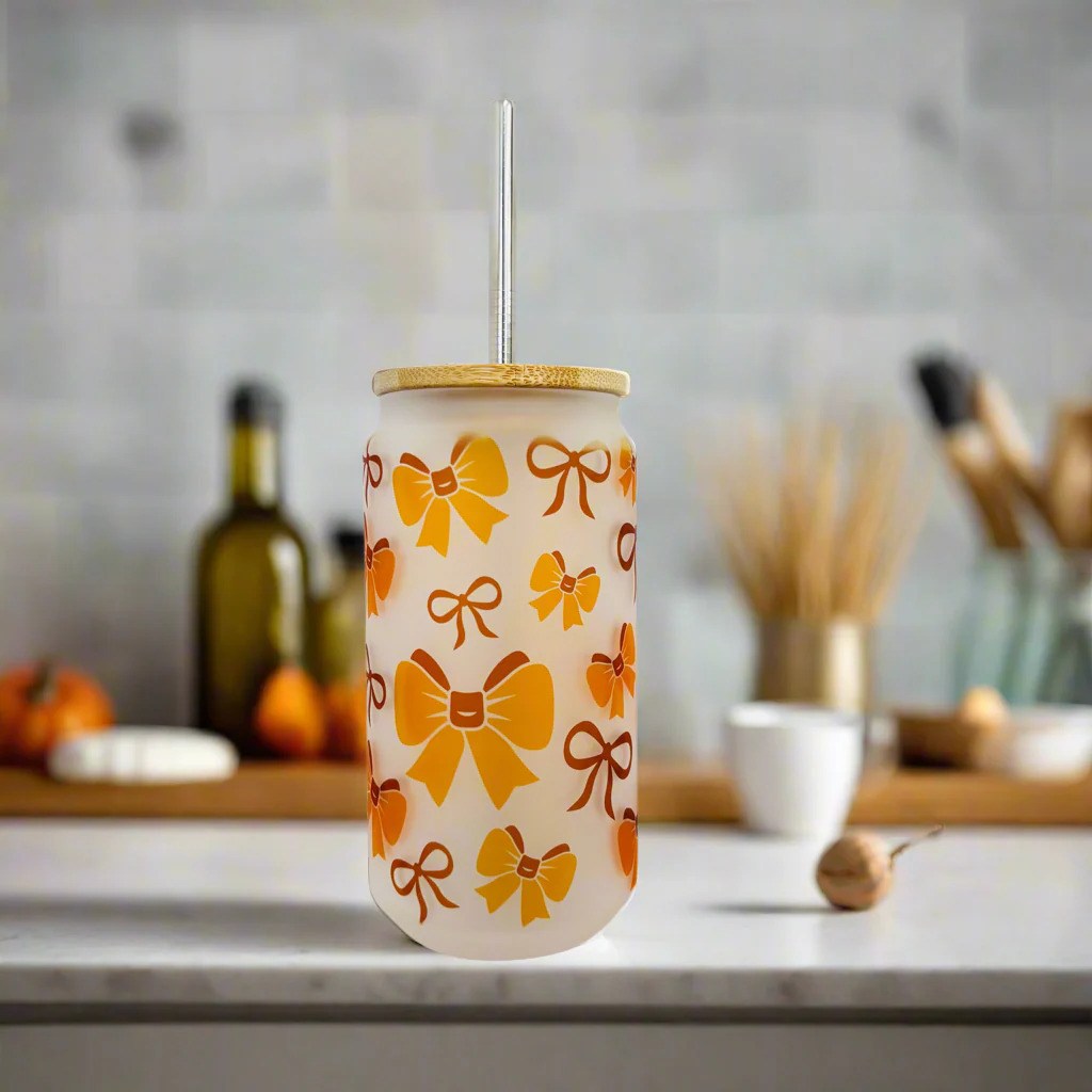 Orange Bow Frosted Glass Can 18oz Tumbler - Image 2