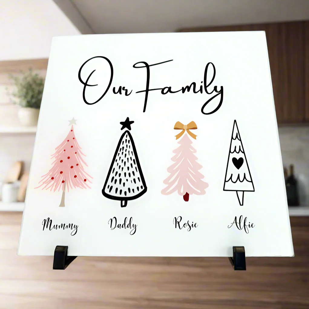 Our Family Pink and Black Christmas Trees  30cm Chopping Board