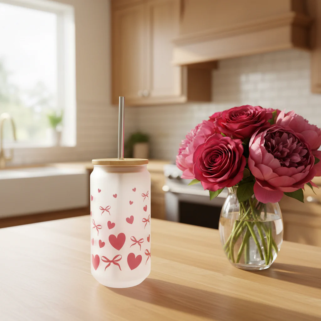 Pink and Heart Frosted Glass Can 18oz Tumbler