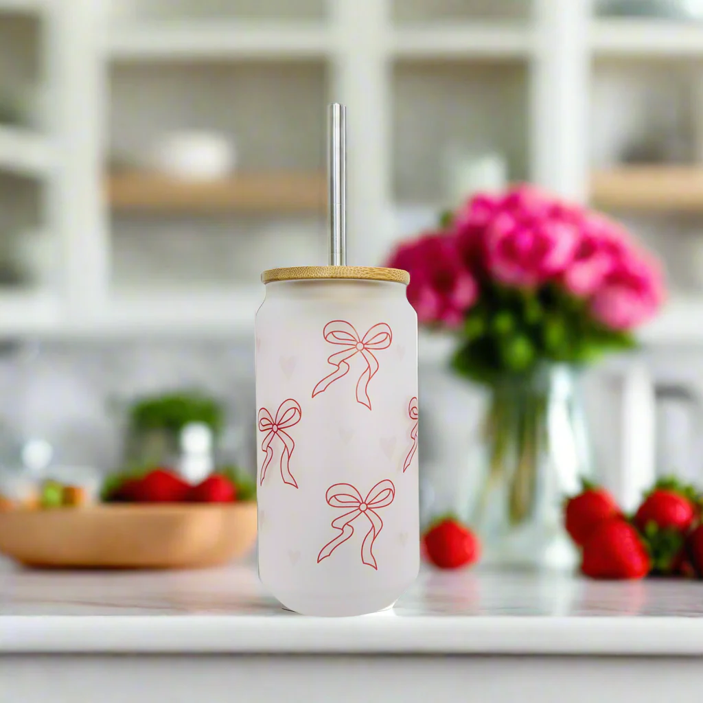 Pink Bows and hearts Frosted Glass Can 18oz Tumbler