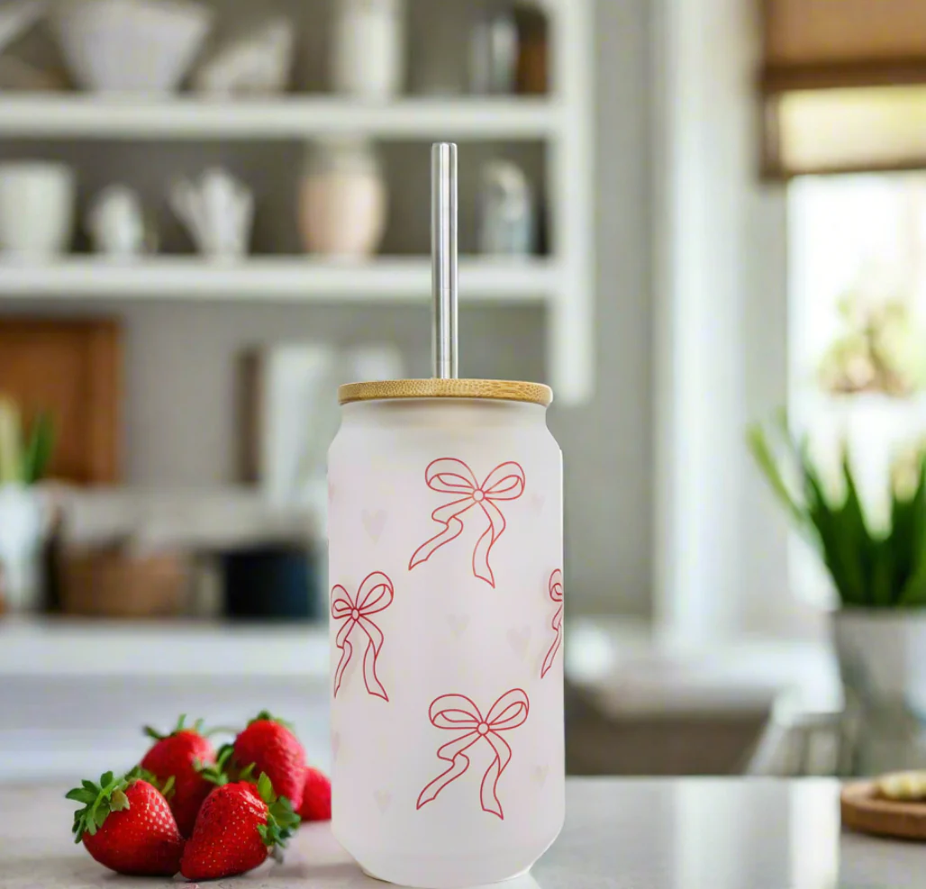 Pink Bows and hearts Frosted Glass Can 18oz Tumbler - Image 2