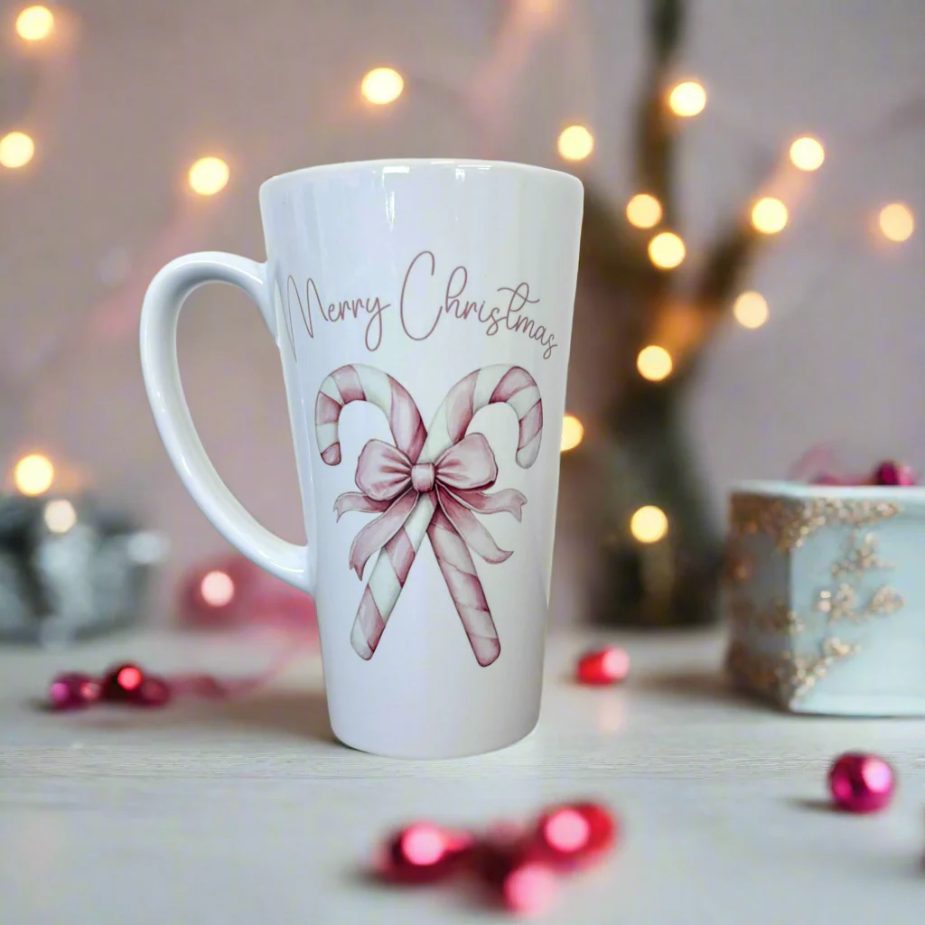 Pink Candy Cane Latte Ceramic Mug 17oz inc Box