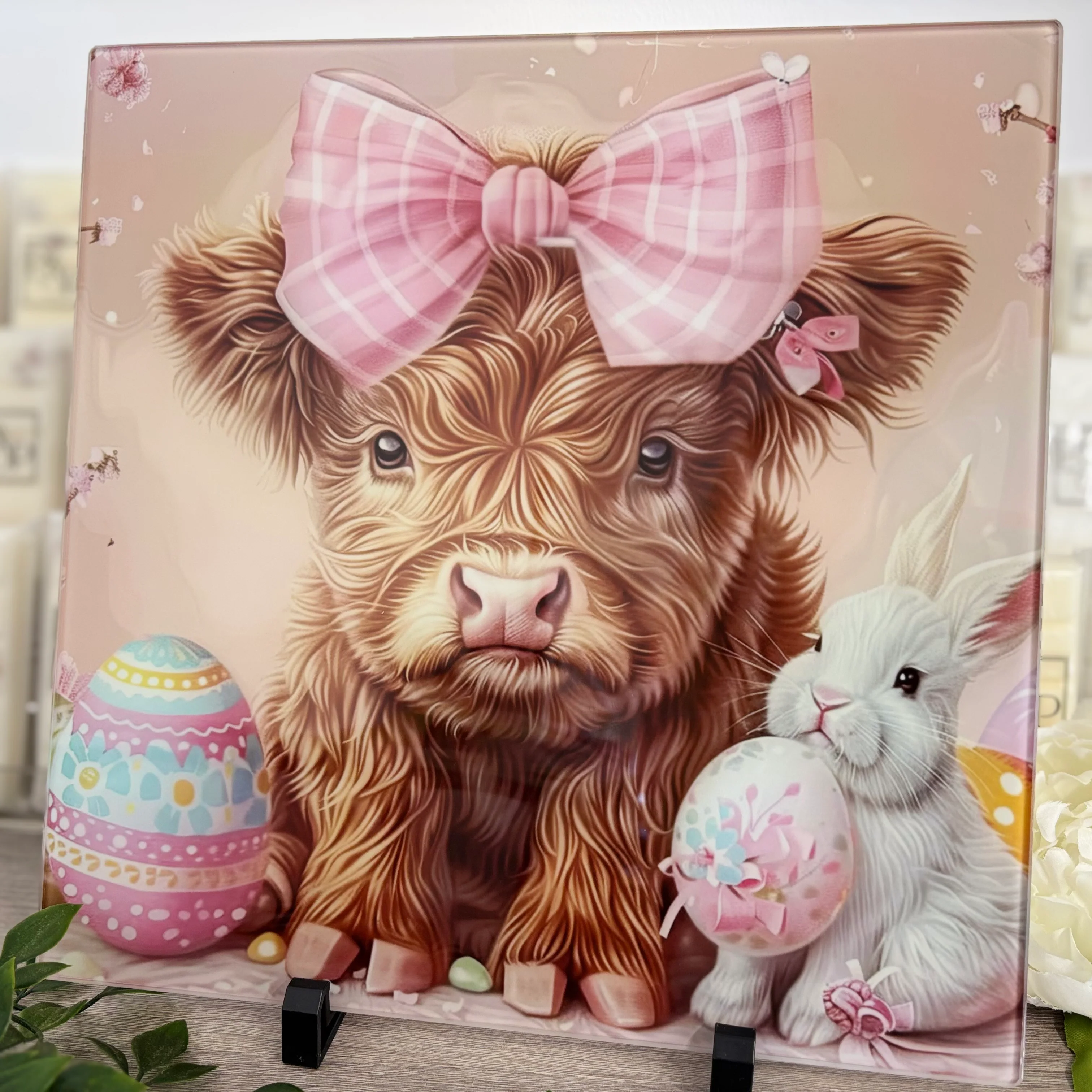 Pink Easter Highland Cow 30cm Chopping Board - Image 2