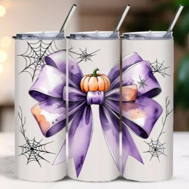 Purple Pumpkin Bow Skinny Tumbler 600ml