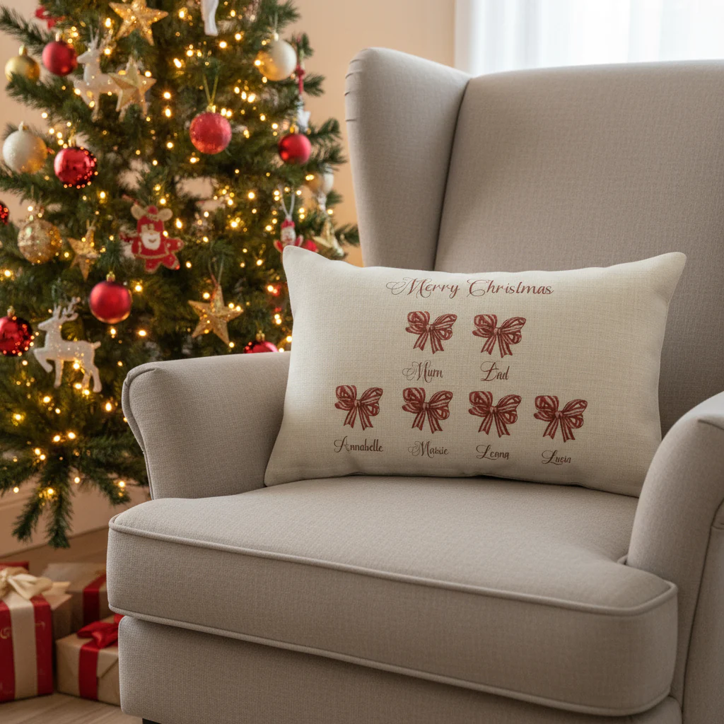 Red and White Striped  Bows family Christmas - Filled Cushion - Image 2
