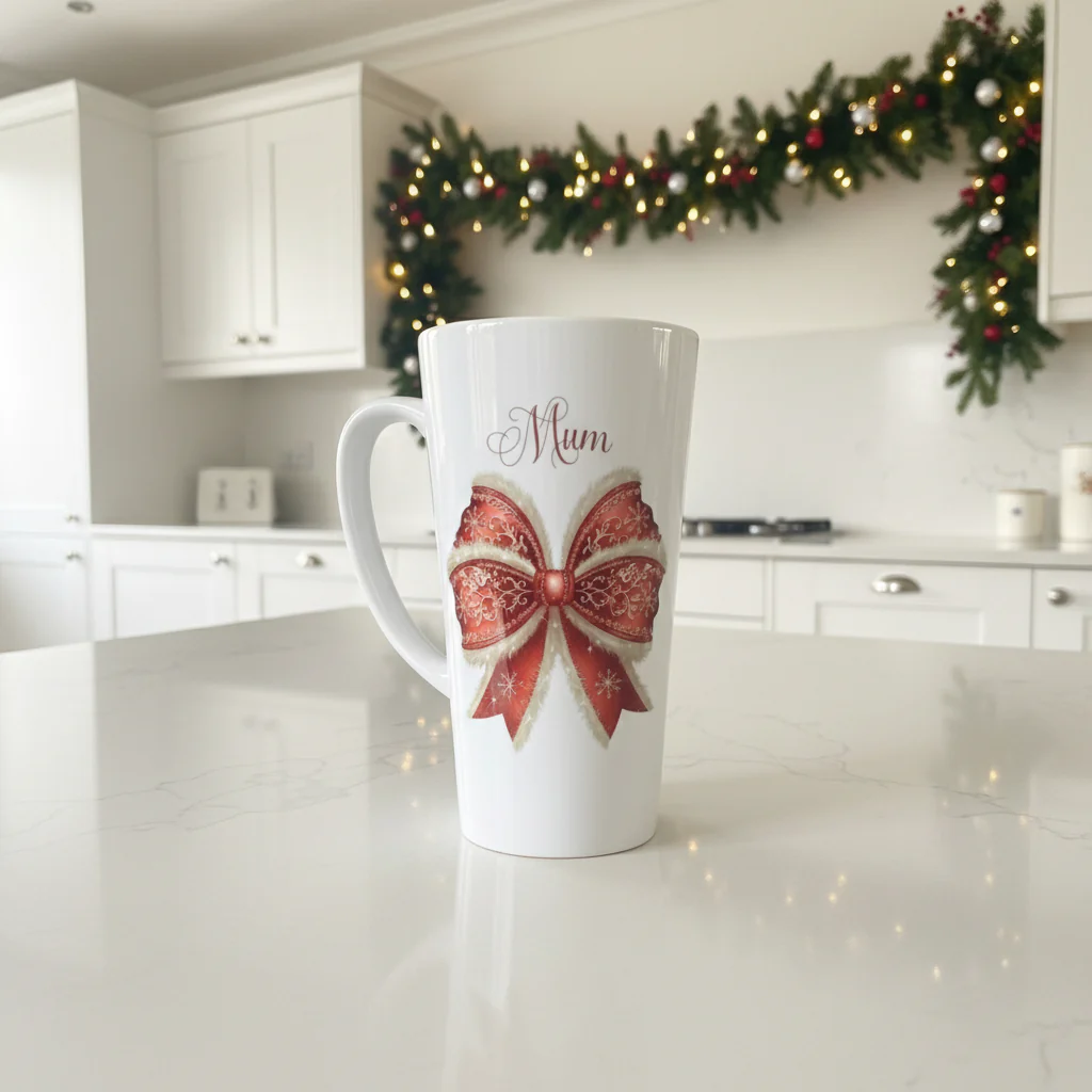Red Fluffy Bow Latte Ceramic Mug 17oz inc Box