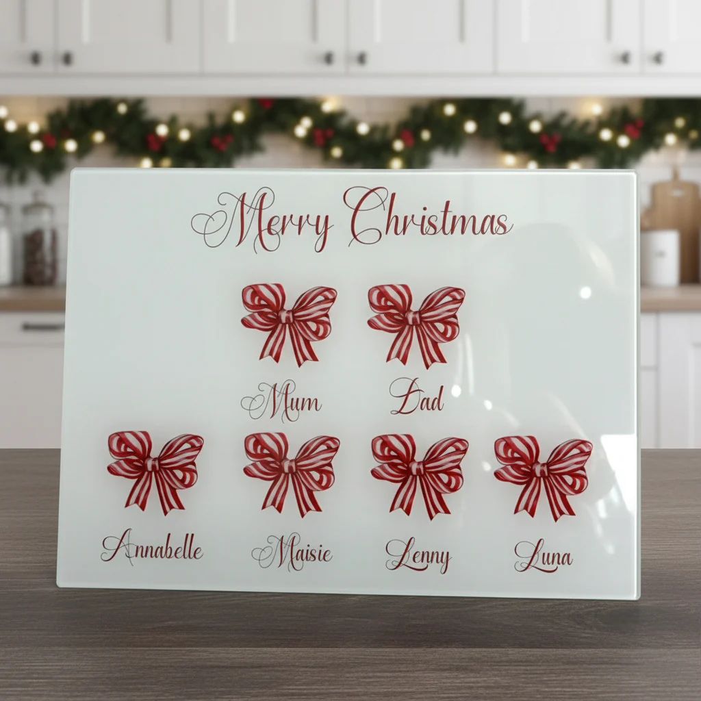 Red Striped Bow Family - A3 Splashback / Choppingboard