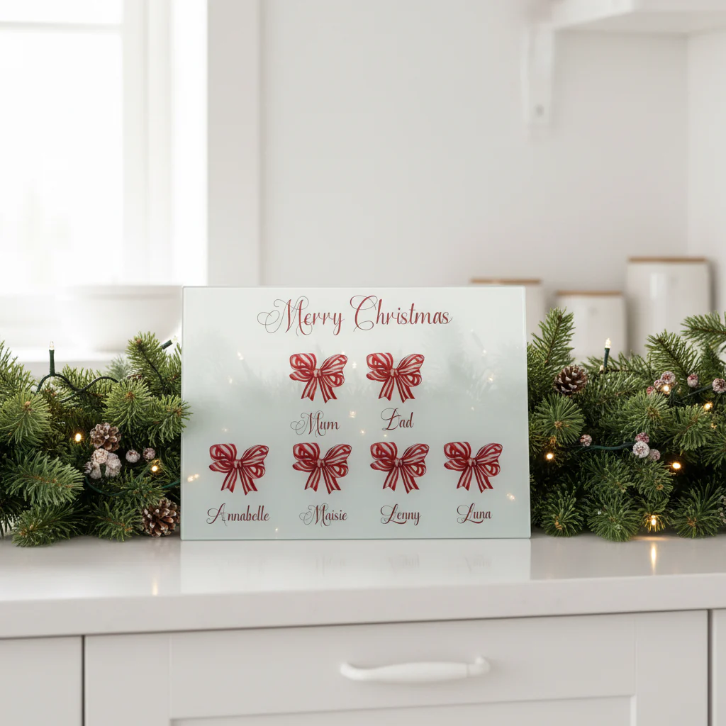 Red Striped Bow Family - A3 Splashback / Choppingboard - Image 2
