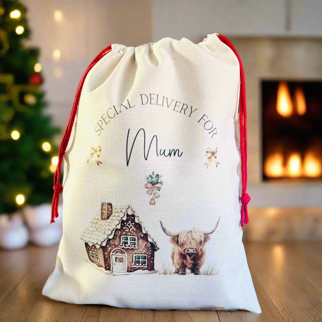 Highland Cow Christmas House Santa Sack - Image 2