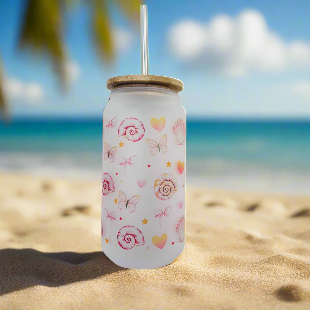 Seashells & Butterflies Frosted Glass Can 18oz Tumbler