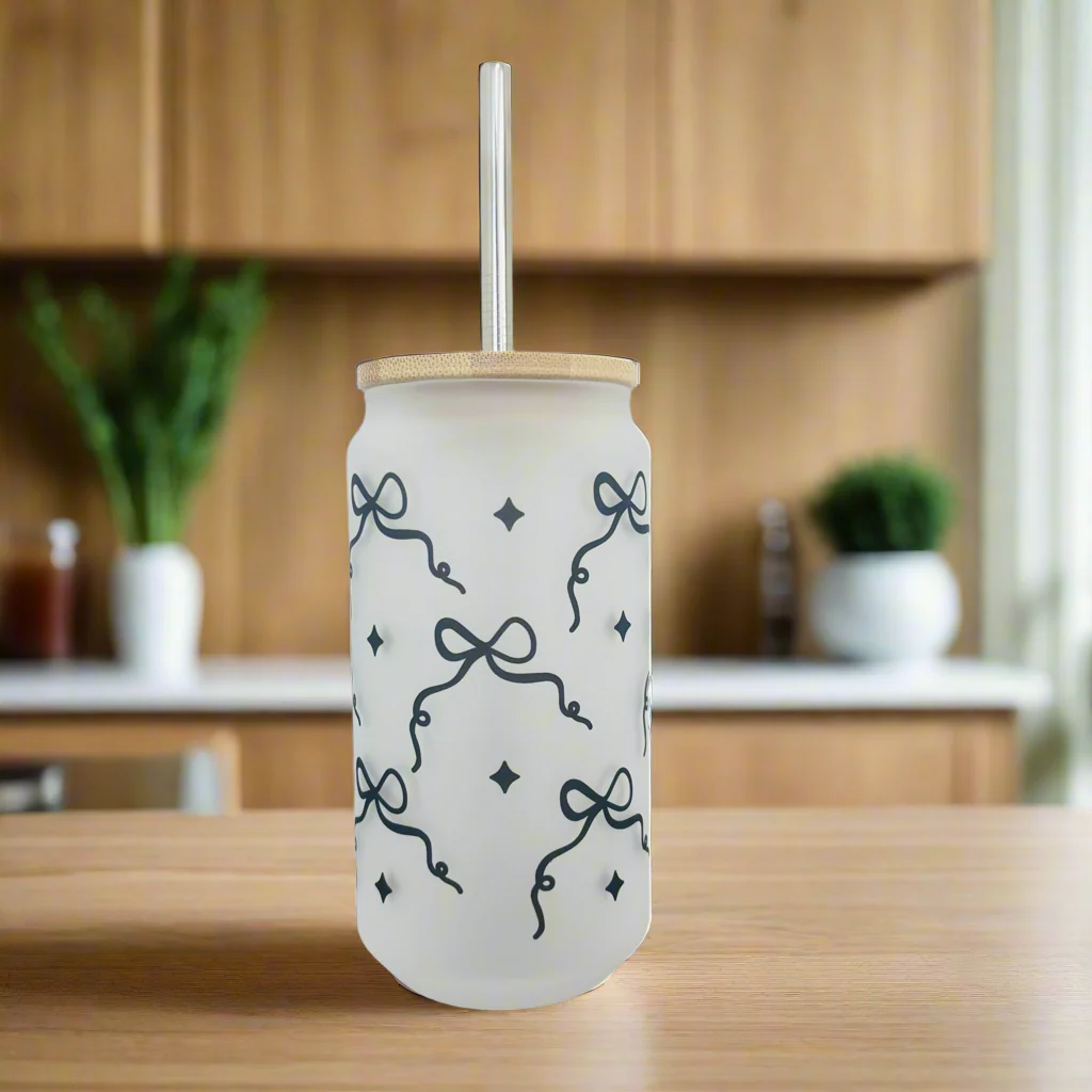 Black Bow Frosted Glass Can 18oz Tumbler - Image 2