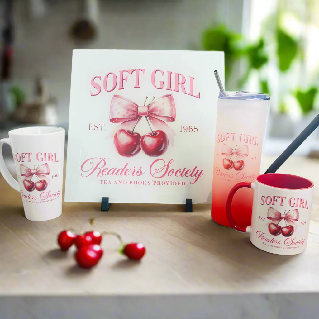 Soft girl Cherry Bundle: Splashback, 17oz Mug, 11oz Mug, Yellow Neon Glass Tumbler - Image 2