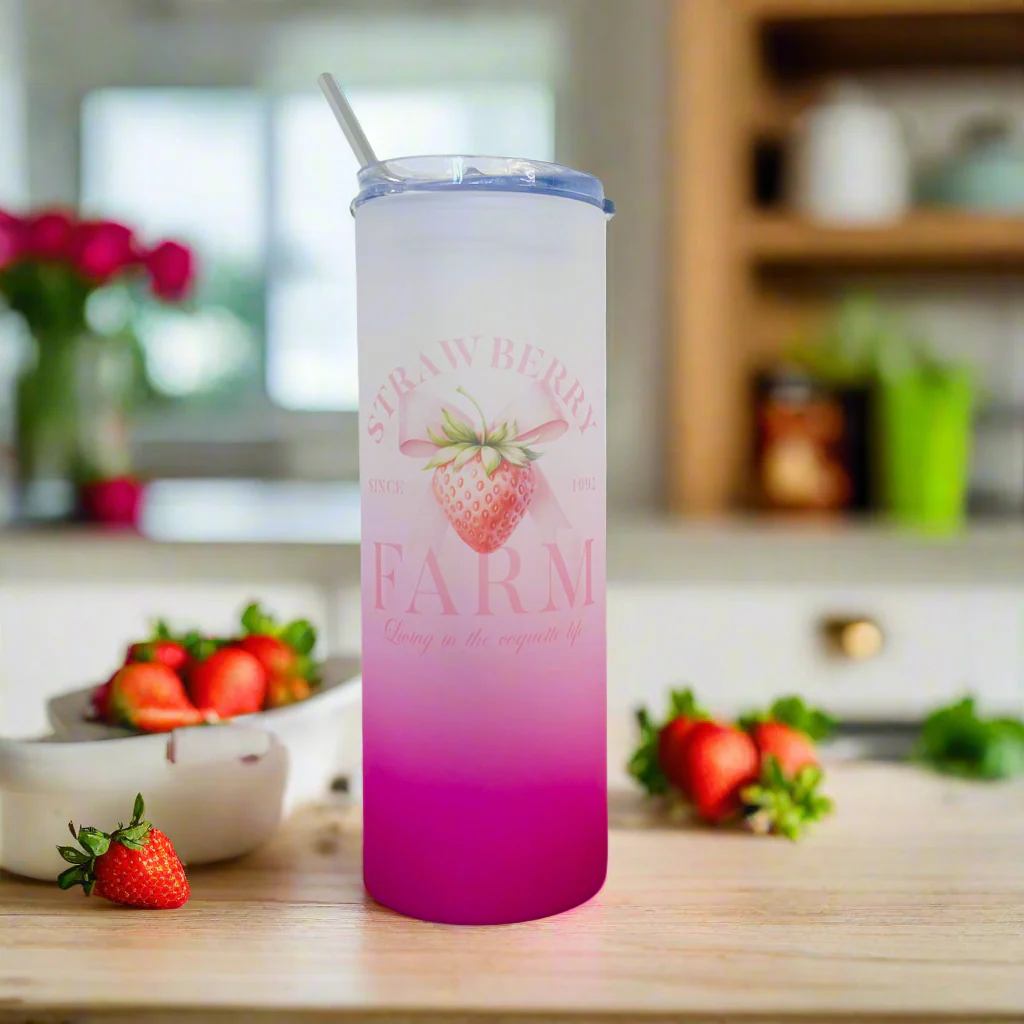 Strawberry Farm Tall Pink Tall Skinny Glass Tumbler 25oz - Image 2