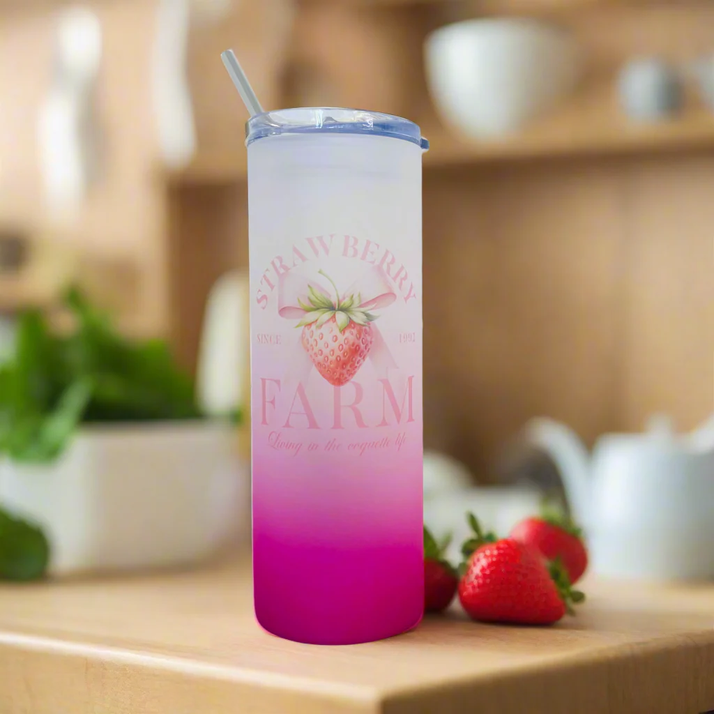 Strawberry Farm Tall Pink Tall Skinny Glass Tumbler 25oz - Image 3