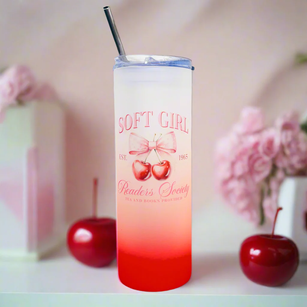 Soft Girl Cherry Red Tall Skinny Glass Tumbler 25oz
