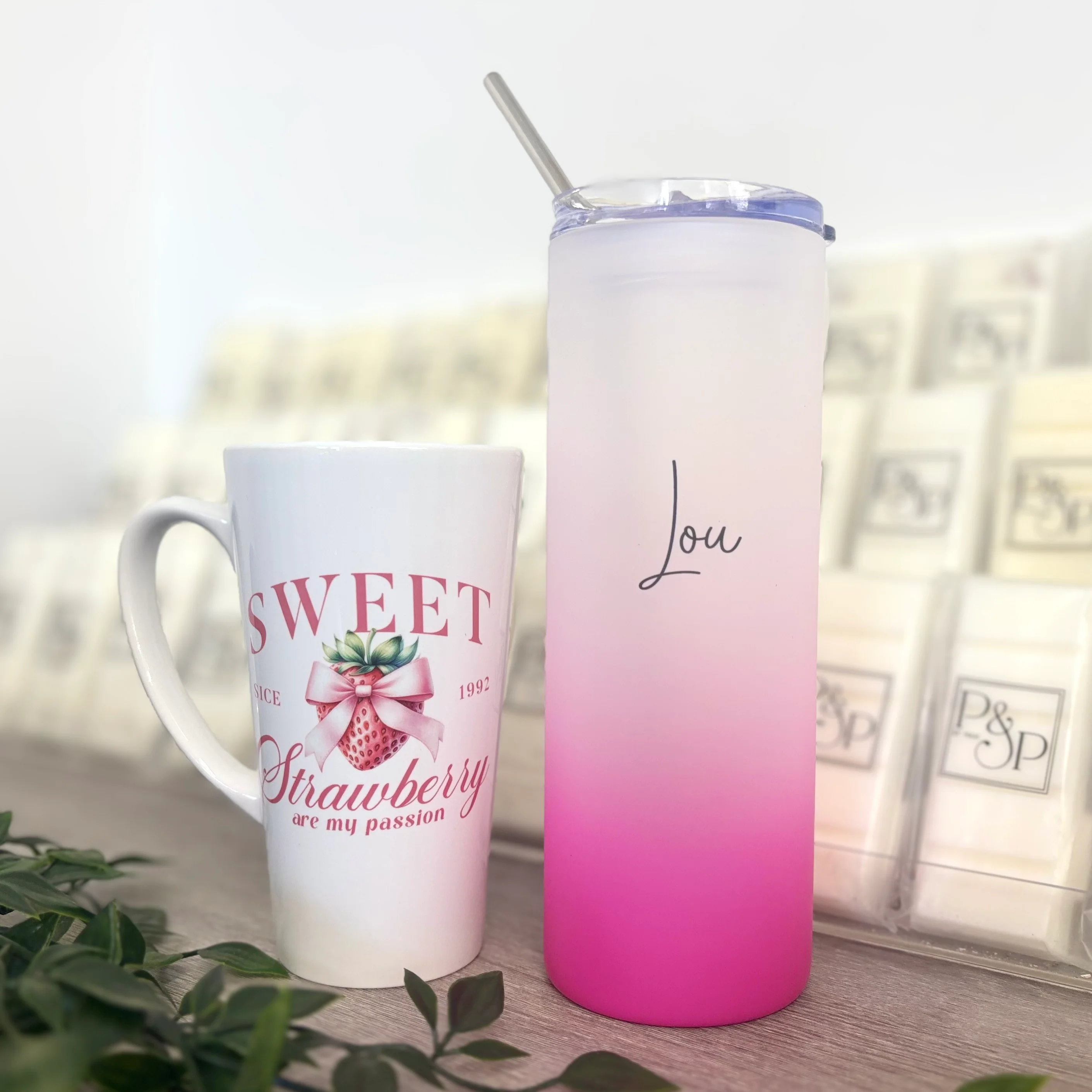 Summer Sweet Strawberry Fruit 17oz Latte Mug & Pink Neon 21oz Tumbler - Image 2