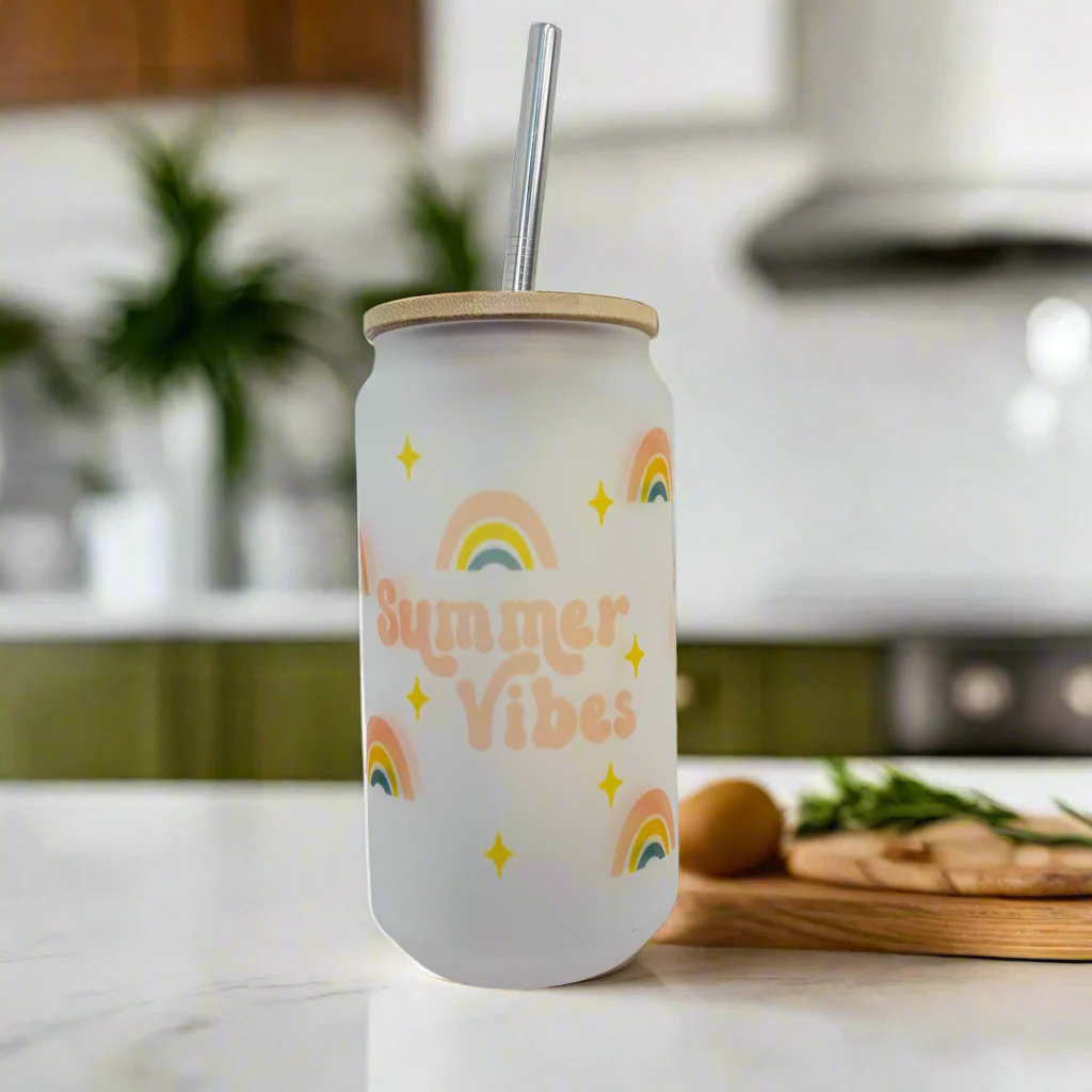 Summer Vibes Frosted Glass Can 18oz Tumbler - Image 3