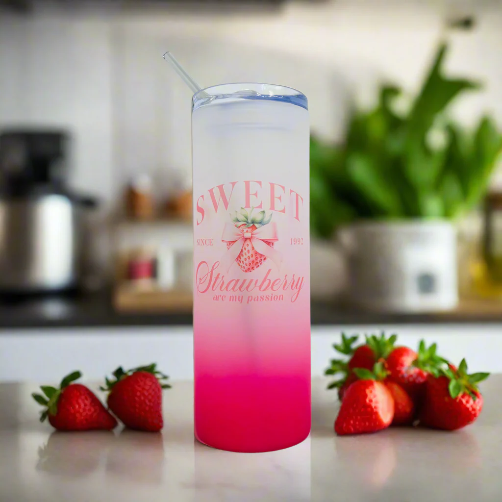 Sweet Strawberry Pink Tall Skinny Glass Tumbler 25oz - Image 2