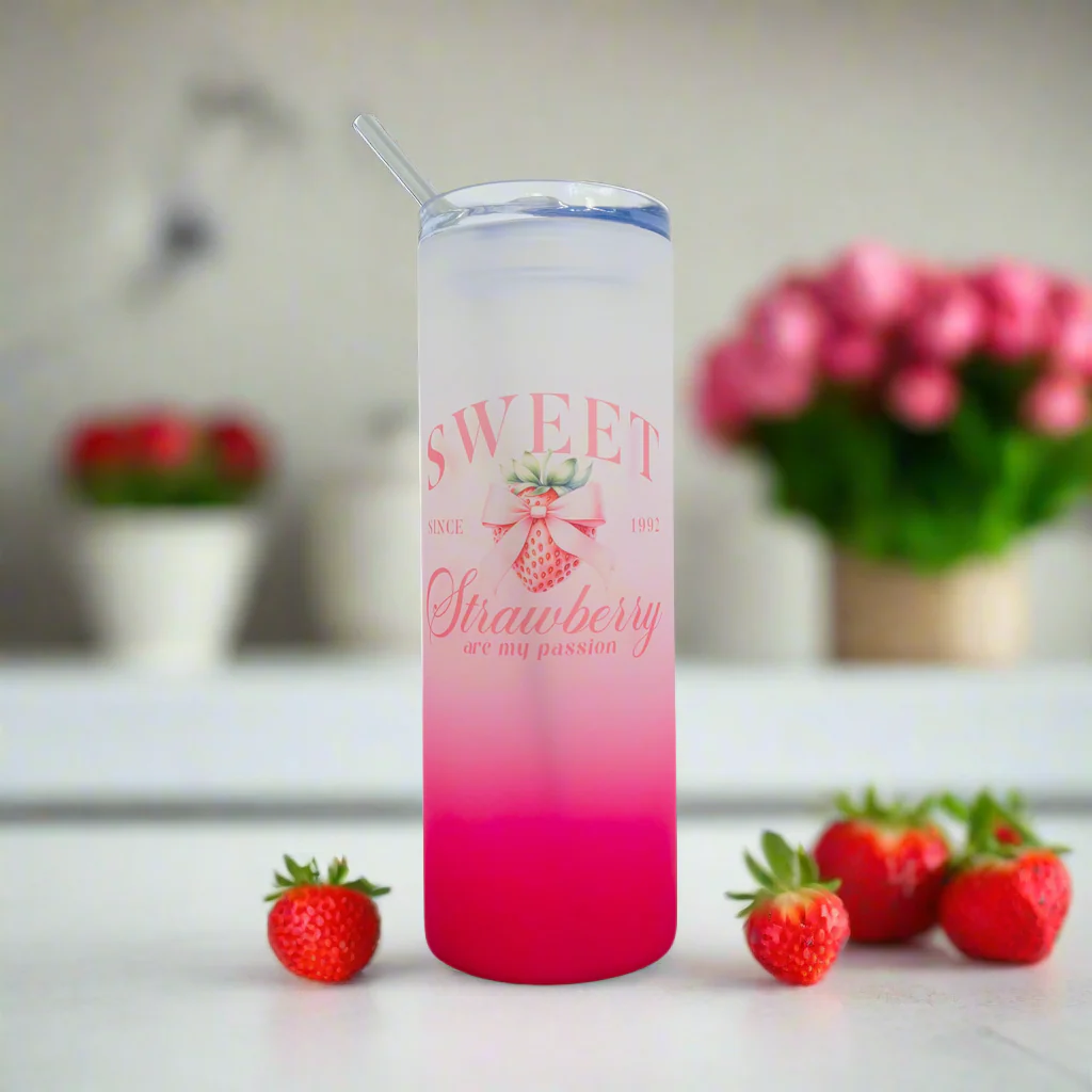 Sweet Strawberry Pink Tall Skinny Glass Tumbler 25oz - Image 3