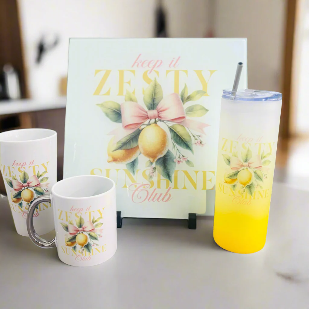 Zesty Lemon Bundle: Splashback, 17oz Mug, 11oz Mug, Yellow Neon Glass Tumbler